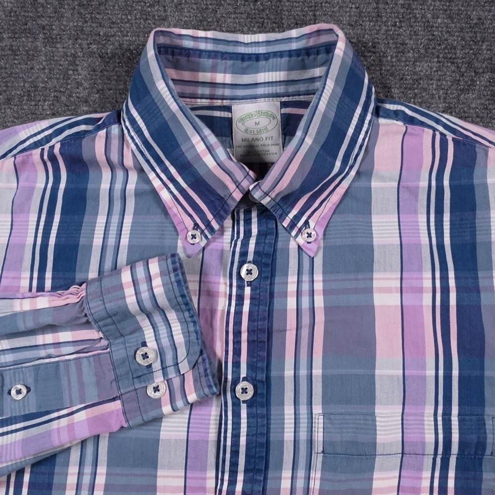 Brooks Brothers Milano Fit Shirt Mens M Blue Pink Plaid Pocket Button Down